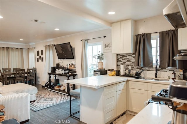 9021 Hegel St, Bellflower, CA 90706 - kitchen featuring a sink, tasteful backsplash, crown molding, a kitchen breakfast bar, and light countertops