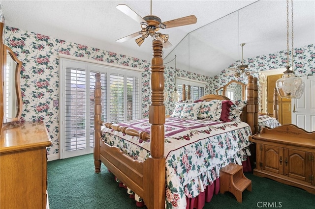 9 Edgestone, Irvine, CA 92606 - carpeted bedroom with wallpapered walls, access to outside, lofted ceiling, a textured ceiling, and a ceiling fan