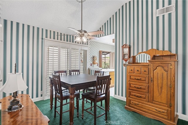 9 Edgestone, Irvine, CA 92606 - dining room featuring a ceiling fan, a textured ceiling, baseboards, and dark colored carpet