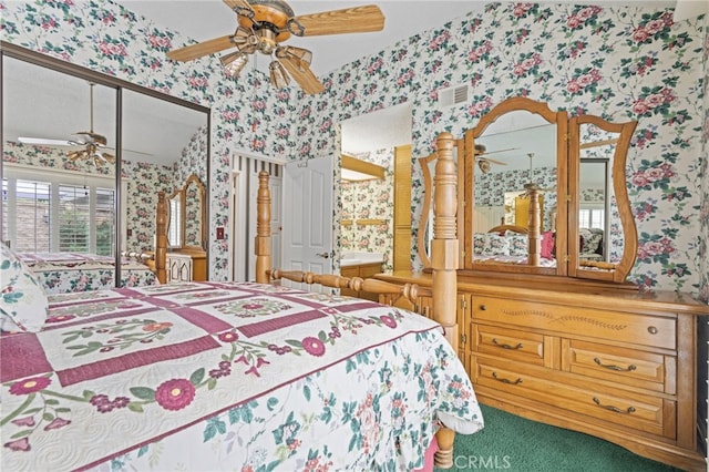 9 Edgestone, Irvine, CA 92606 - bedroom with wallpapered walls, a closet, carpet floors, and ceiling fan