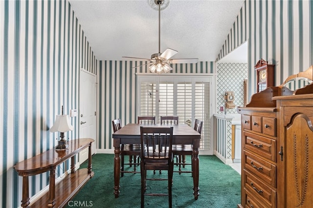 9 Edgestone, Irvine, CA 92606 - carpeted dining space with wallpapered walls, a ceiling fan, a textured ceiling, and baseboards