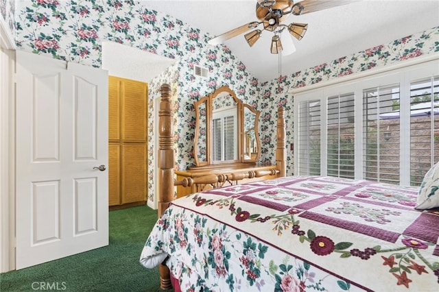 9 Edgestone, Irvine, CA 92606 - bedroom featuring wallpapered walls, carpet floors, vaulted ceiling, and a ceiling fan