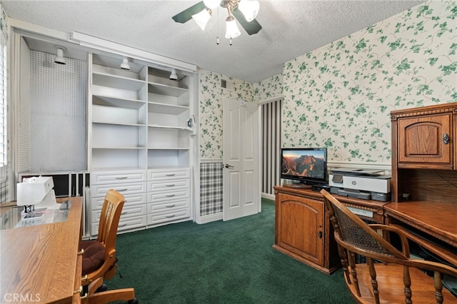 9 Edgestone, Irvine, CA 92606 - home office featuring wallpapered walls, a textured ceiling, a ceiling fan, and dark colored carpet