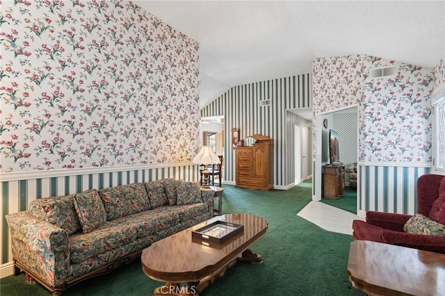 9 Edgestone, Irvine, CA 92606 - living room featuring wallpapered walls, lofted ceiling, and carpet floors