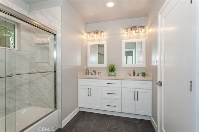 1923119229 Cantara St, Reseda, CA 91335 - full bathroom with baseboards, shower / bath combination with glass door, double vanity, tile patterned flooring, and recessed lighting