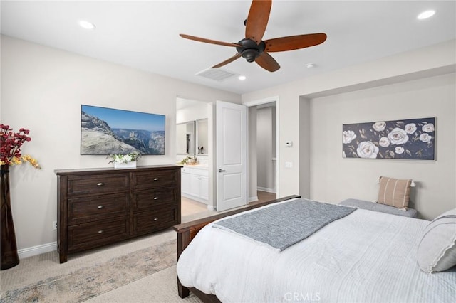 108 Sideways, Irvine, CA 92618 - bedroom featuring recessed lighting, ensuite bath, light colored carpet, and ceiling fan