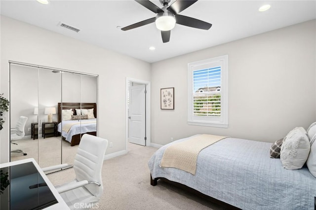 108 Sideways, Irvine, CA 92618 - bedroom featuring light carpet, recessed lighting, ceiling fan, and a closet