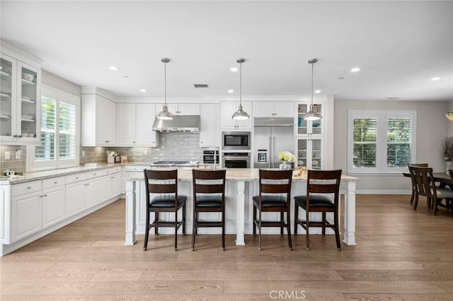 108 Sideways, Irvine, CA 92618 - kitchen featuring built in appliances, under cabinet range hood, light wood-style flooring, decorative backsplash, and recessed lighting