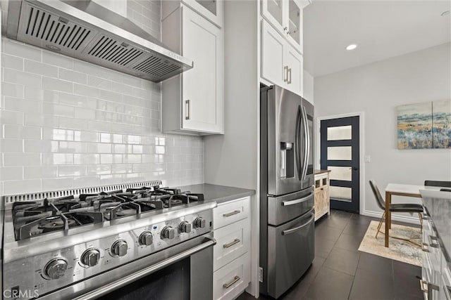 3610 Kinney St, Los Angeles, CA 90065 - kitchen with wall chimney exhaust hood, appliances with stainless steel finishes, white cabinetry, glass insert cabinets, and recessed lighting