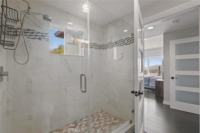 3610 Kinney St, Los Angeles, CA 90065 - full bath featuring ensuite bathroom, a marble finish shower, recessed lighting, and wood finished floors