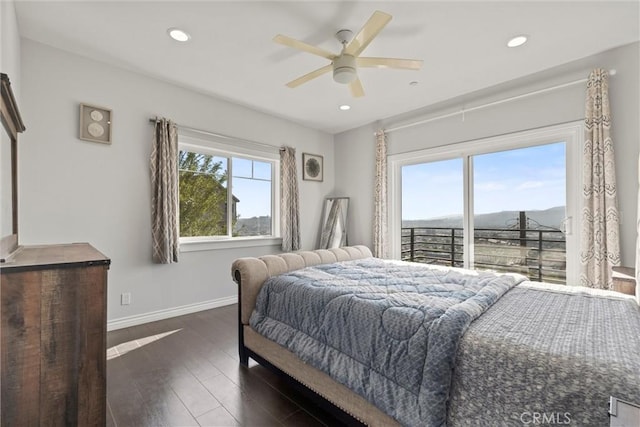 3610 Kinney St, Los Angeles, CA 90065 - bedroom with dark wood-type flooring, baseboards, recessed lighting, a ceiling fan, and access to exterior