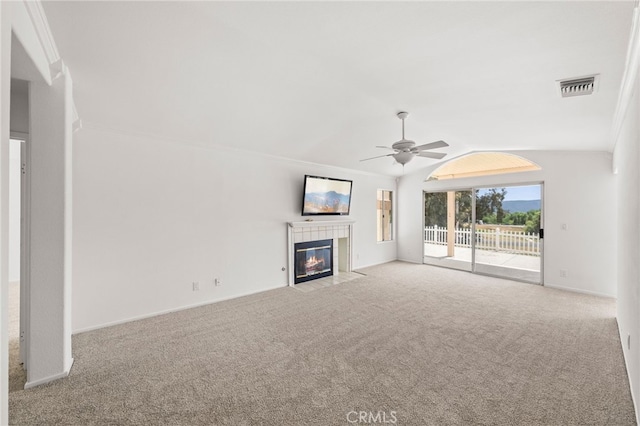 40661 Via Amapola, Murrieta, CA 92562 - unfurnished living room featuring a ceiling fan, a fireplace, carpet, lofted ceiling, and baseboards