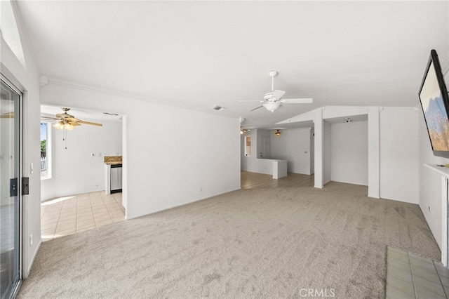 40661 Via Amapola, Murrieta, CA 92562 - unfurnished living room with a ceiling fan, carpet flooring, vaulted ceiling, and tile patterned flooring