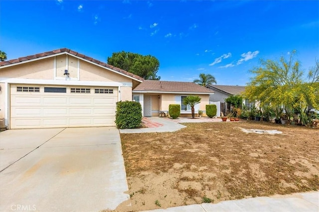 162 Peppertree Way, San Jacinto, CA 92583 - ranch-style house with stucco siding, concrete driveway, a tile roof, and an attached garage