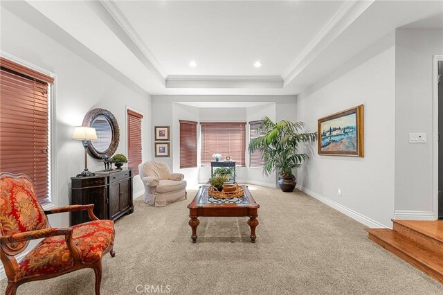 1270 Belle Rd, Calimesa, CA 92320 - living room featuring a tray ceiling, carpet, ornamental molding, and recessed lighting