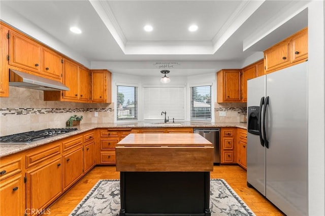 1270 Belle Rd, Calimesa, CA 92320 - kitchen with stainless steel appliances, a raised ceiling, under cabinet range hood, a kitchen island, and light wood-style floors