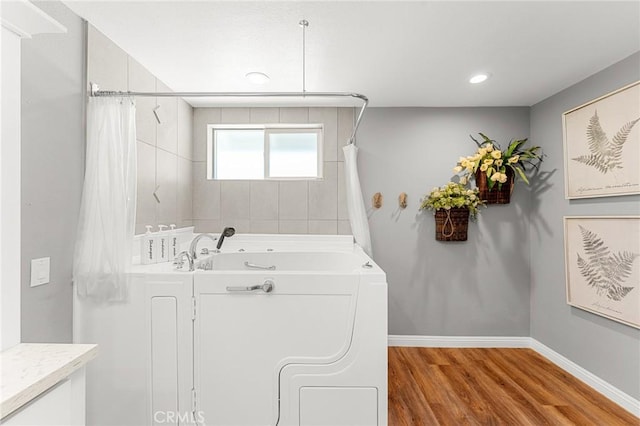 1270 Belle Rd, Calimesa, CA 92320 - bathroom with wood finished floors, recessed lighting, and shower / bath combination with curtain