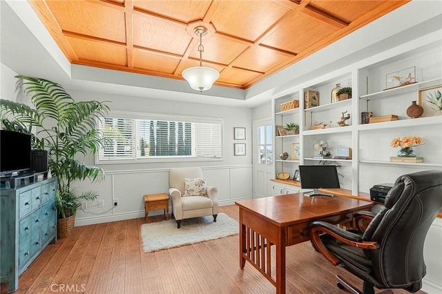 1270 Belle Rd, Calimesa, CA 92320 - home office featuring wood ceiling, light wood-type flooring, coffered ceiling, baseboards, and built in shelves