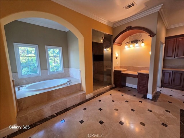 10040 Mattock Ave, Downey, CA 90240 - bathroom featuring vanity, a bath, crown molding, a stall shower, and tile patterned flooring