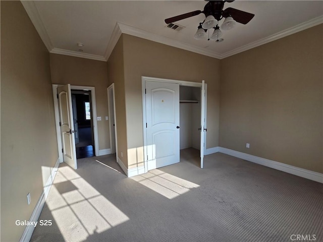 10040 Mattock Ave, Downey, CA 90240 - unfurnished bedroom with light carpet, baseboards, ornamental molding, a closet, and a ceiling fan