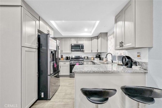 1264 N Mulberry Ave, Rialto, CA 92376 - kitchen featuring appliances with stainless steel finishes, a raised ceiling, a peninsula, light wood-style flooring, and light stone countertops