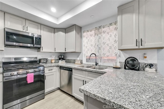1264 N Mulberry Ave, Rialto, CA 92376 - kitchen with stainless steel appliances, a tray ceiling, recessed lighting, light wood finished floors, and light stone counters
