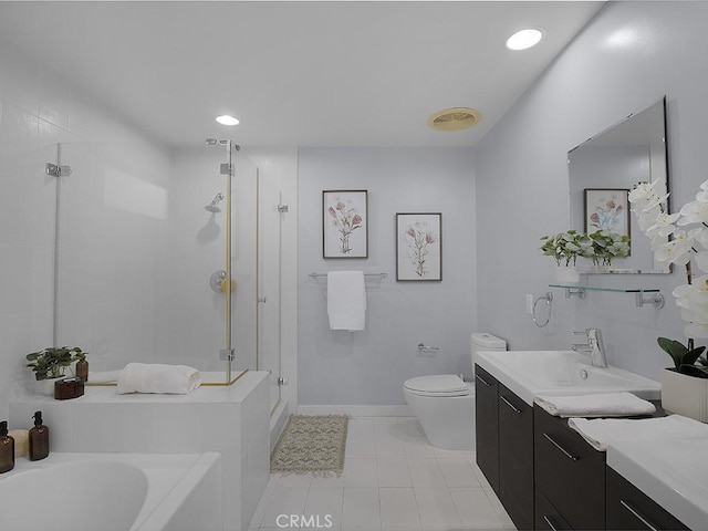 5016 Bakman Ave Unit 304, North Hollywood, CA 91601 - full bathroom featuring a shower stall, a bath, vanity, toilet, and tile patterned flooring