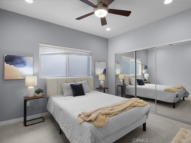 5016 Bakman Ave Unit 304, North Hollywood, CA 91601 - carpeted bedroom featuring a closet, recessed lighting, baseboards, and a ceiling fan