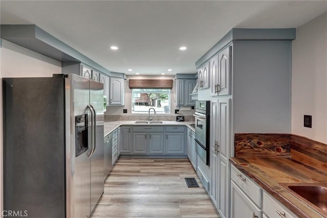 30396 Live Oak Dr, Running Springs, CA 92382 - kitchen featuring stainless steel appliances, gray cabinets, a sink, a warming drawer, and light wood finished floors
