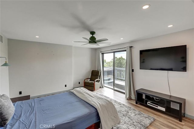 30396 Live Oak Dr, Running Springs, CA 92382 - bedroom with access to outside, light wood-type flooring, recessed lighting, and a ceiling fan
