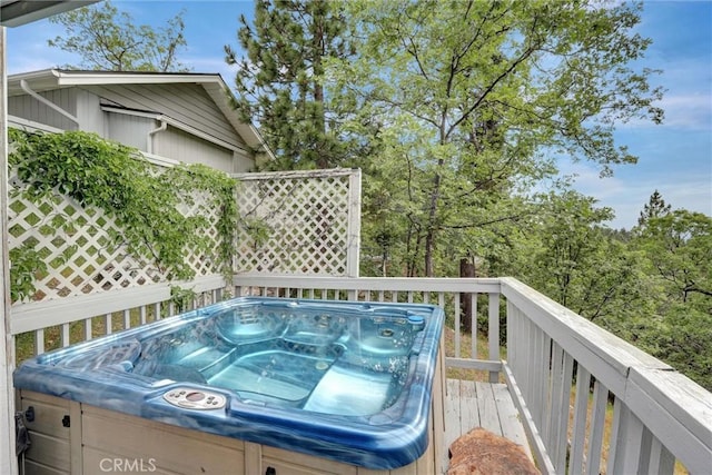 30396 Live Oak Dr, Running Springs, CA 92382 - wooden terrace with an outdoor hot tub