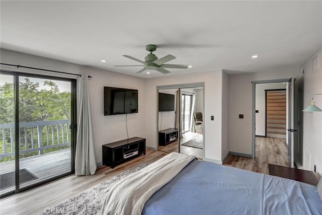 30396 Live Oak Dr, Running Springs, CA 92382 - bedroom featuring access to outside, light wood finished floors, recessed lighting, ceiling fan, and baseboards