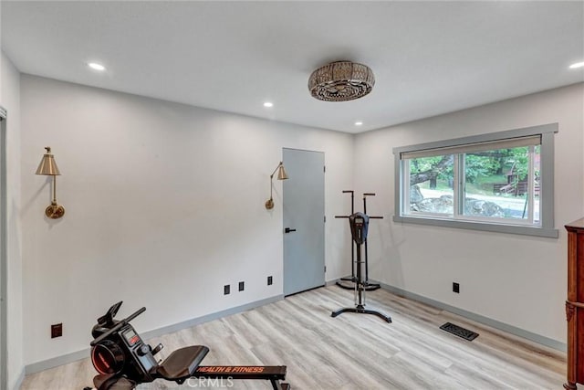 30396 Live Oak Dr, Running Springs, CA 92382 - exercise room featuring light wood-style floors, recessed lighting, and baseboards