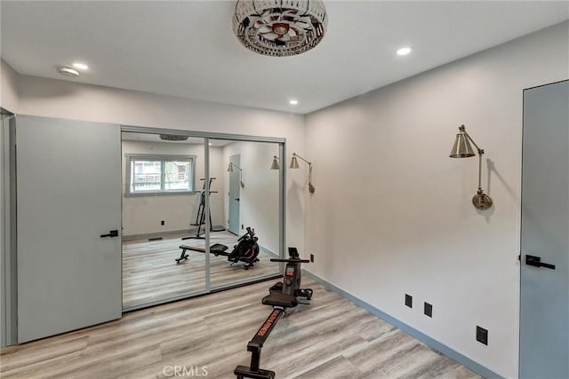 30396 Live Oak Dr, Running Springs, CA 92382 - workout area featuring light wood-type flooring and recessed lighting