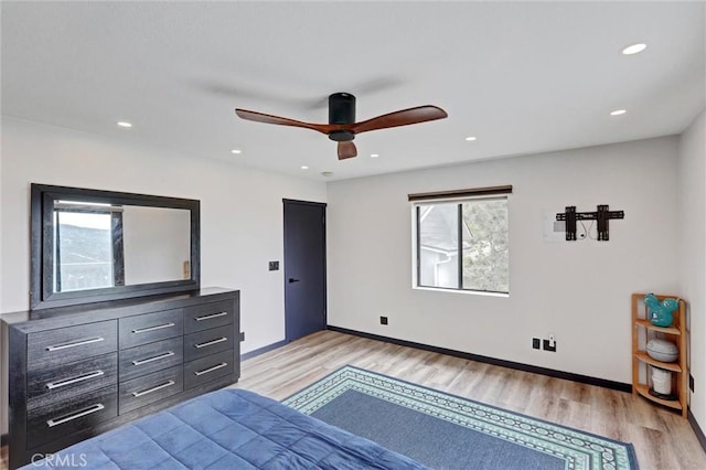 30396 Live Oak Dr, Running Springs, CA 92382 - bedroom with light wood-type flooring, recessed lighting, ceiling fan, and baseboards
