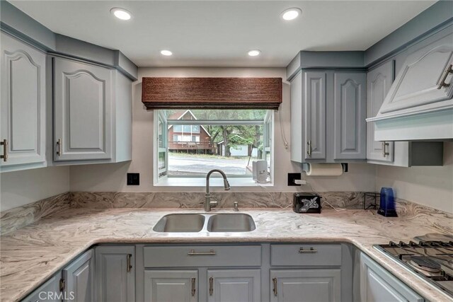 30396 Live Oak Dr, Running Springs, CA 92382 - kitchen with a sink, stainless steel gas cooktop, gray cabinets, and recessed lighting
