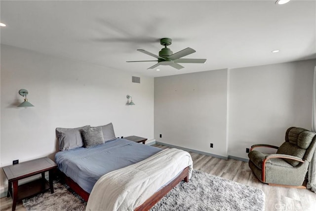 30396 Live Oak Dr, Running Springs, CA 92382 - bedroom featuring recessed lighting, light wood-style flooring, ceiling fan, and baseboards