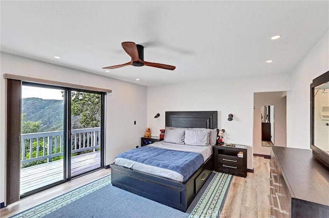 30396 Live Oak Dr, Running Springs, CA 92382 - bedroom featuring access to exterior, light wood finished floors, recessed lighting, and a ceiling fan