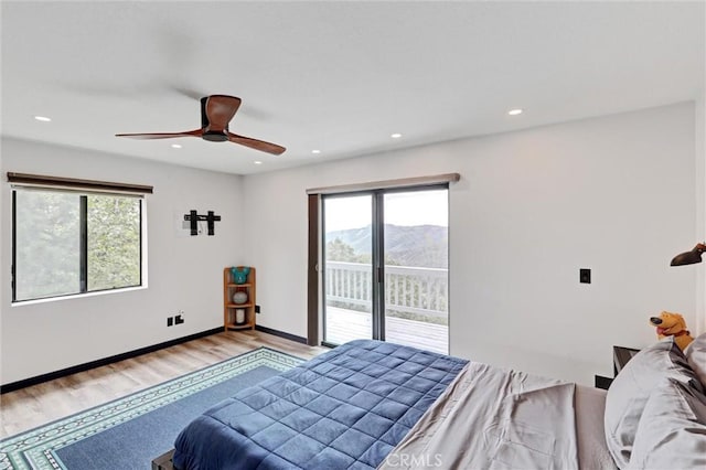 30396 Live Oak Dr, Running Springs, CA 92382 - bedroom featuring access to exterior, multiple windows, light wood-type flooring, recessed lighting, and ceiling fan