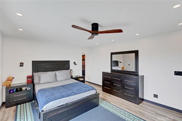 30396 Live Oak Dr, Running Springs, CA 92382 - bedroom featuring light wood finished floors, baseboards, recessed lighting, and a ceiling fan