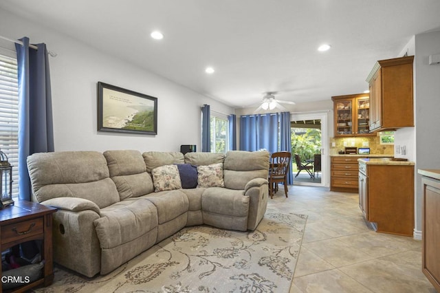 5084 Via Calderon, Camarillo, CA 93012 - living room with recessed lighting, ceiling fan, and light tile patterned floors
