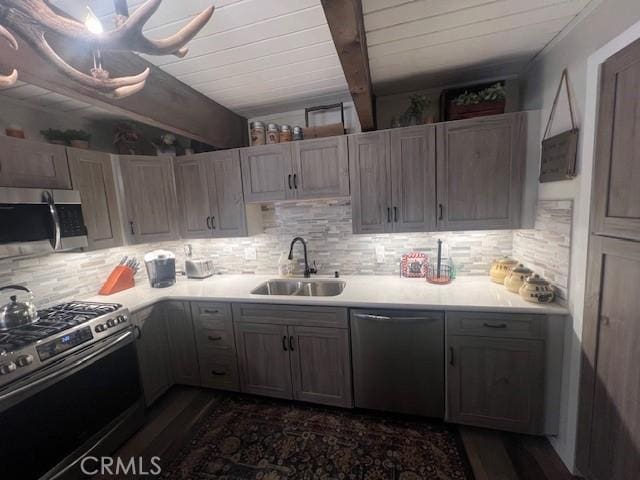 1063 H Ln, Big Bear City, CA 92314 - kitchen featuring appliances with stainless steel finishes, a sink, decorative backsplash, dark wood-type flooring, and wood ceiling with exposed beams