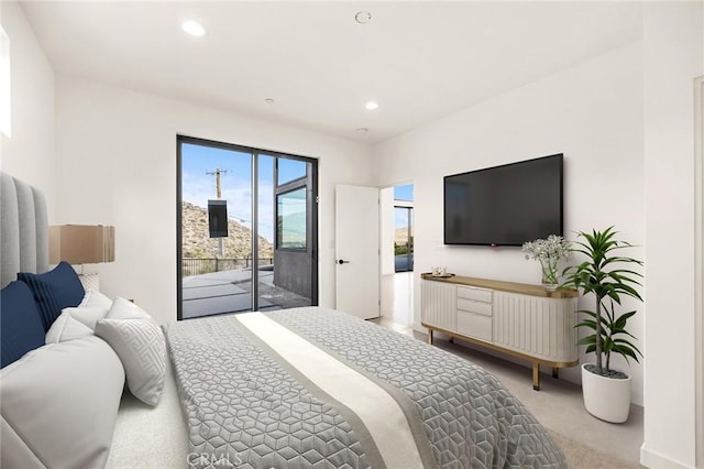 6218 Farrelo Rd, Yucca Valley, CA 92284 - bedroom featuring access to outside, light carpet, and recessed lighting