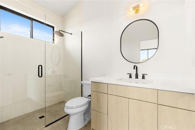 6218 Farrelo Rd, Yucca Valley, CA 92284 - bathroom with toilet, a shower stall, and vanity