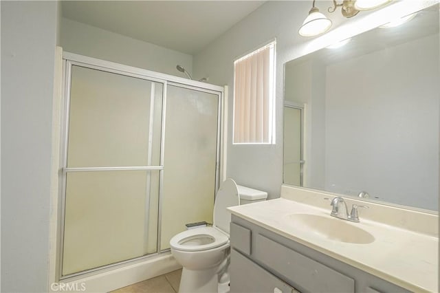 22780 Shawnee Rd, Apple Valley, CA 92308 - full bathroom featuring toilet, a stall shower, vanity, and tile patterned floors