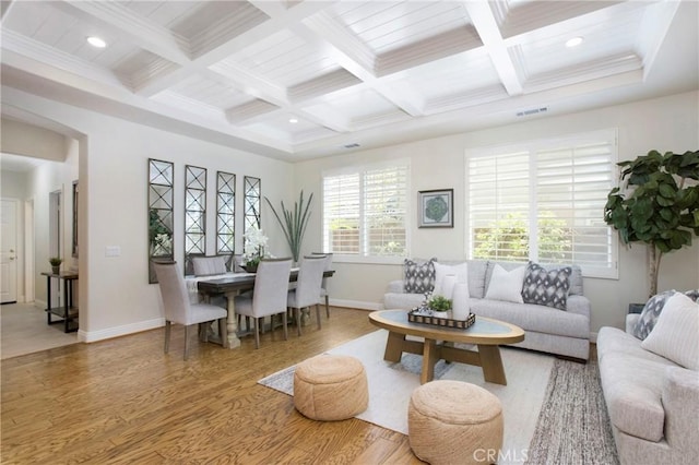 15 Beacon, Ladera Ranch, CA 92694 - living area featuring wood finished floors, coffered ceiling, beamed ceiling, recessed lighting, and baseboards