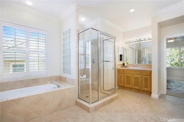 15 Beacon, Ladera Ranch, CA 92694 - full bathroom featuring tile patterned floors, vanity, a bath, a stall shower, and recessed lighting