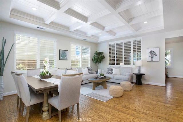 15 Beacon, Ladera Ranch, CA 92694 - dining room with wood finished floors, coffered ceiling, beam ceiling, baseboards, and crown molding