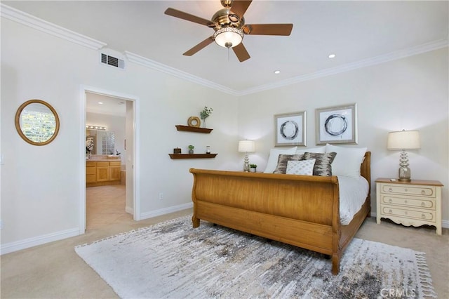 15 Beacon, Ladera Ranch, CA 92694 - carpeted bedroom with crown molding, baseboards, recessed lighting, connected bathroom, and ceiling fan