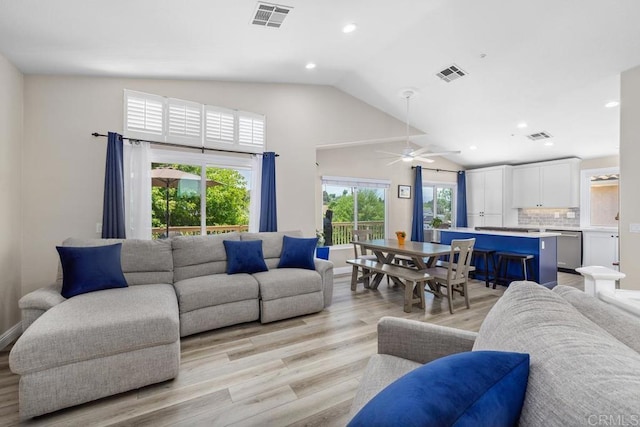 150 Rock Glen Way, Santee, CA 92071 - living area featuring light wood-style floors, high vaulted ceiling, recessed lighting, and a ceiling fan